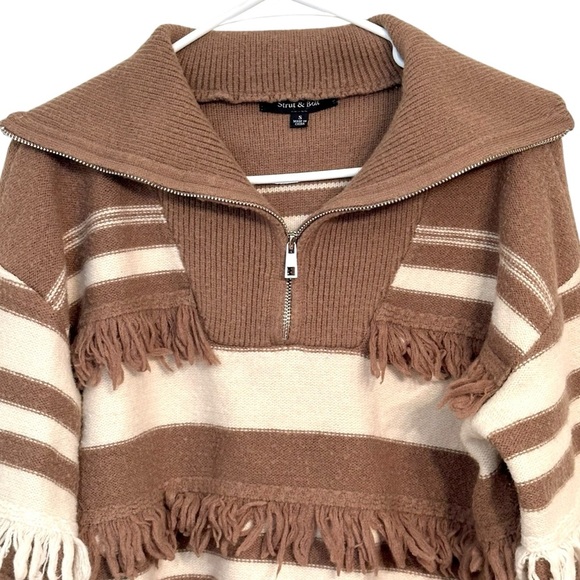 Strut & Bolt Brown and White Cream Striped 1/4 Zip Sweater with Fringe S - Picture 3 of 12
